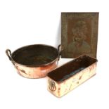 Copper jam pan, embossed picture of man wearing a turban and a rectangular copper pan, (3),