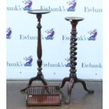 Mahogany torchere with twist support on tripod base, h98.5cm diameter 24cm, together with a