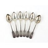 Matched set of six fiddle pattern 19th Century silver spoons, initialled 'M'. Four London,