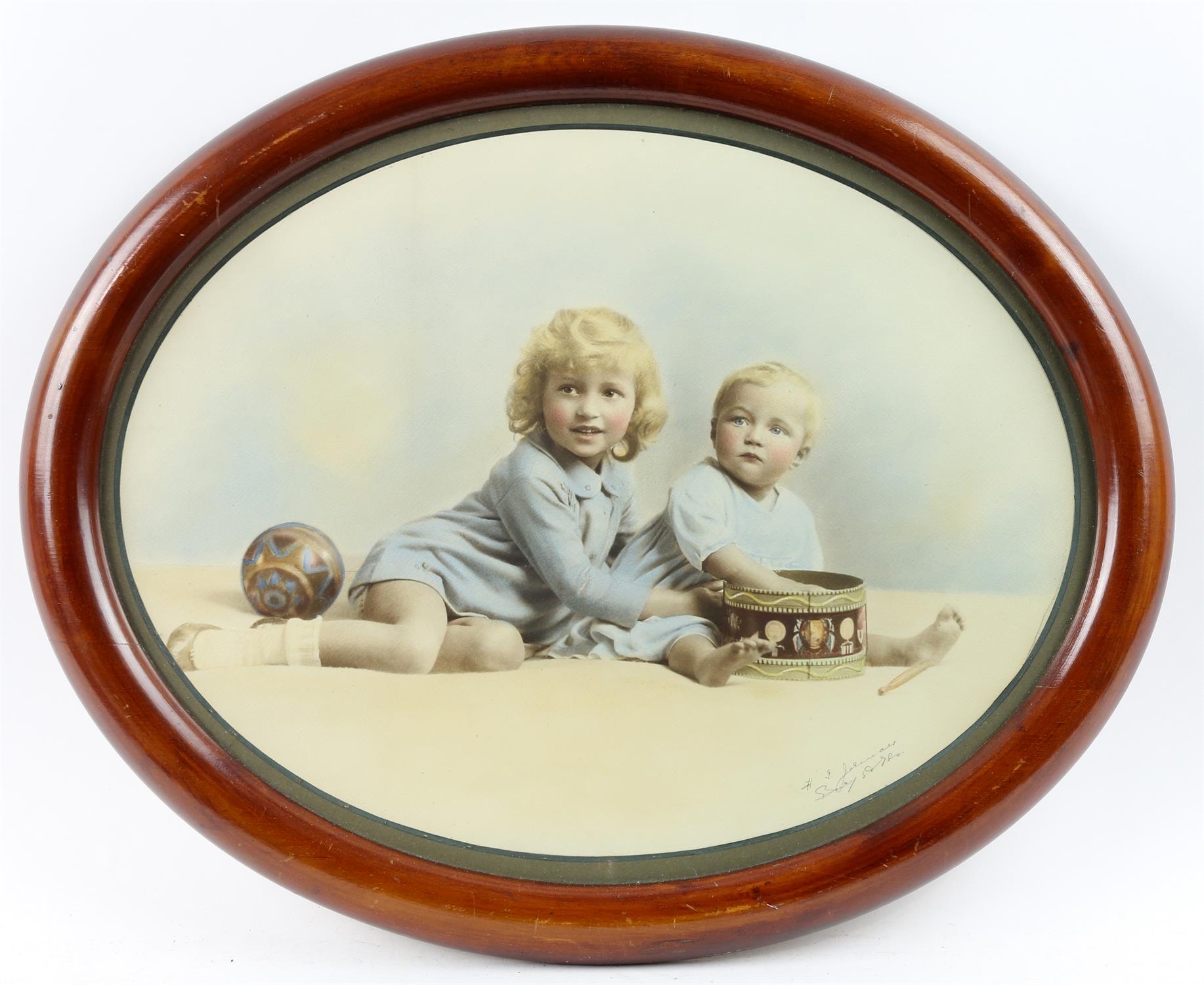 Set of pictures, to include framed, signed oval portrait of two siblings, print of a chicken,