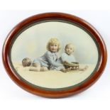 Set of pictures, to include framed, signed oval portrait of two siblings, print of a chicken,
