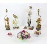 Pair of figural porcelain lamps, two other pairs of lamps, hardstone bird group, hardwood jewellery
