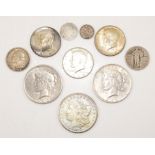 Selection of USA silver coins, 1921 Morgan Dollar, 1922 & 1925 peace Dollars, three half Dollars,