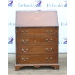 20th century mahogany bureau, the fall front with fan paterae, revealing fitted interior,