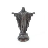 After Paul Landowsky bronze figure Christ the Redeemer on wooden base which bears label Christ the