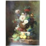 Emillio Greco, Still life of flowers in a vase and fruit on a ledge, oil on canvas,
