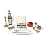 Cased set of masonic cake forks and a quantity of other plated items, a porcelain lamp and a tub of