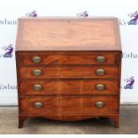 George III mahogany bureau, boxwood inlay to fall front, revealing fitted interior,