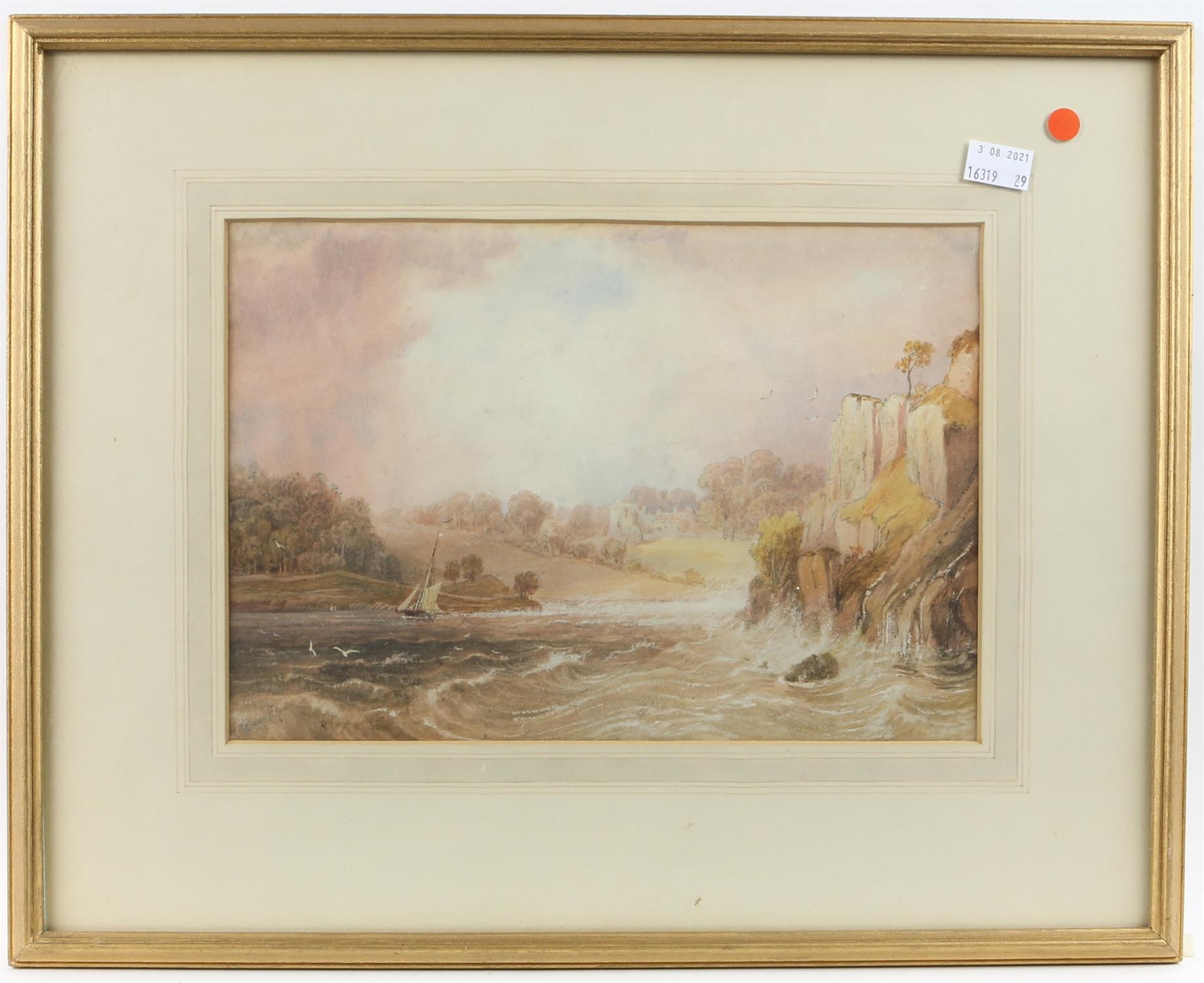 Henry Barlow Carter (1803-1867). Estuary Scene with distant castle. Watercolour, faintly signed