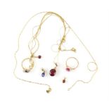 Collection of gold, gemstone set jewellery, including, two rings, one with a large oval ruby,