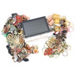 Large box of costume jewellery, including beaded necklaces, gilt metal bangles, copper bangle,