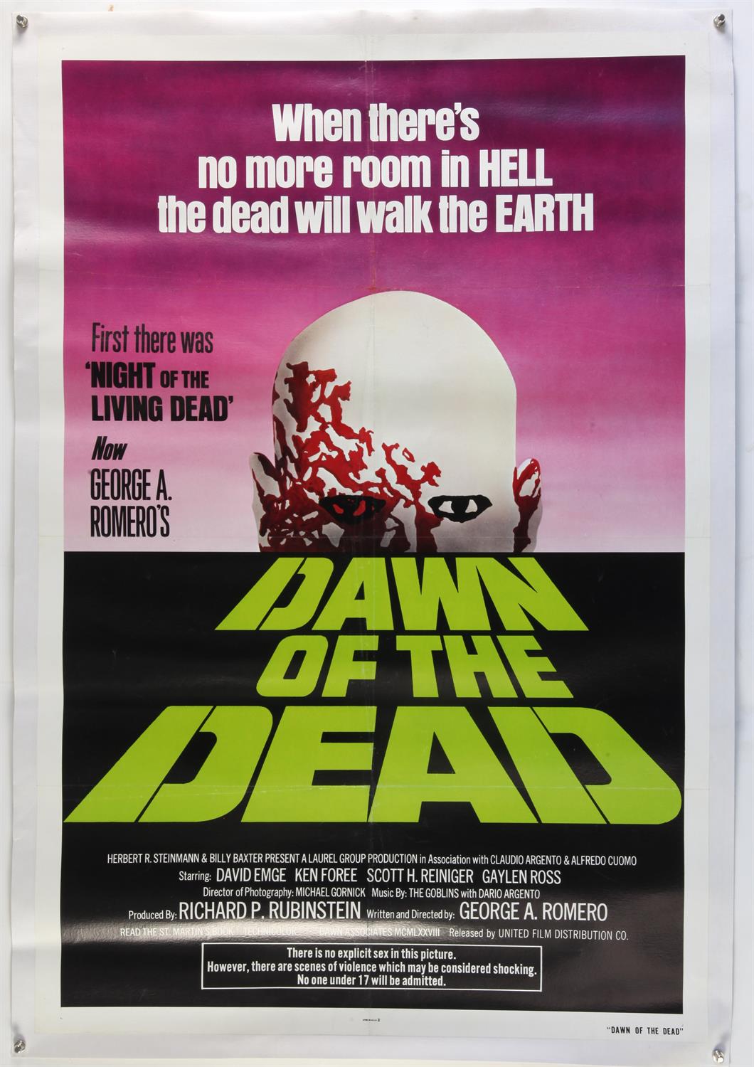 Dawn of the Dead (1978) US One Sheet film poster, linen backed, 27 x 41 inches.