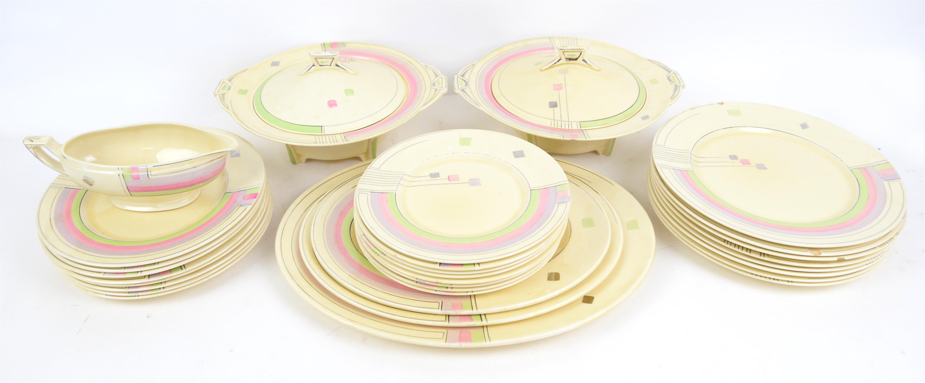 Art Deco Myott & Sons hand-painted part dinner service, comprising eight dinner plates 25cm