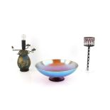 Galle style cameo glass lamp base with dragonfly shade holders, 15cm, an iridescent blue glass bowl,