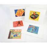 Five window mounted 1940/50's Spanish oranges/fruit prints/labels, each 24.5cm x 28cm