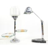 Art Deco style chrome desk lamp and shade on black marble base, H51cm, and another with white glass