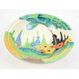 Clarice Cliff Bizarre Fragrance pattern shallow fruit bowl, the exterior with light blue rim and