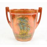 Royal Worcester Crown Ware two handled lustre vase, the orange ground with gilt and lustre