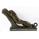 André-Vincent Becquerel (French, 1893-1981). "Panthère s'étirant". Bronze with green patina, signed,