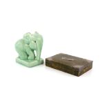 1930s Shorter & Sons majolica elephant, h12cm, and a silver mounted card box, Birmingham 1903