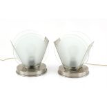 Pair of Art Deco style frosted glass and chrome table lights, h20cm w17.5cm