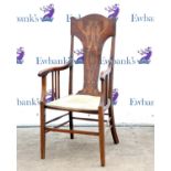 Art Nouveau mahogany open armchair, with tulip design to splat back, on square tapered legs joined