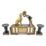 French Art Deco marble clock garniture, the central marble clock with spelter figures of a young