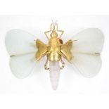 Art Deco ceiling light in the form of a butterfly with gilt metal body and opaque glass wings 53cm