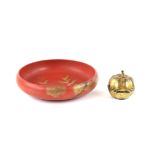 A Japanese Red Lacqued Dish, Meiji Period and a lacquered and gilded Pumpkin possibly Burmese,