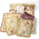 Collection of eight assorted cushions floral embroidery to front and velvet backs and tassels,