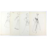 Sir Norman Hartnell (1901-1979). Four mixed media to include pen and pencil Monogram fashion