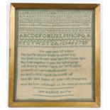 Early Victorian alphabet Sampler Jane Boghurst June 12th 1838, with unusual Greek key border,