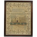 Late 18th century Sampler by Sarah Shillingford depicting husband and wife surrounded by farm