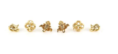Three pairs of earrings, including two pairs in 18 ct yellow gold, both with post and clip fittings,