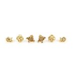 Three pairs of earrings, including two pairs in 18 ct yellow gold, both with post and clip fittings,