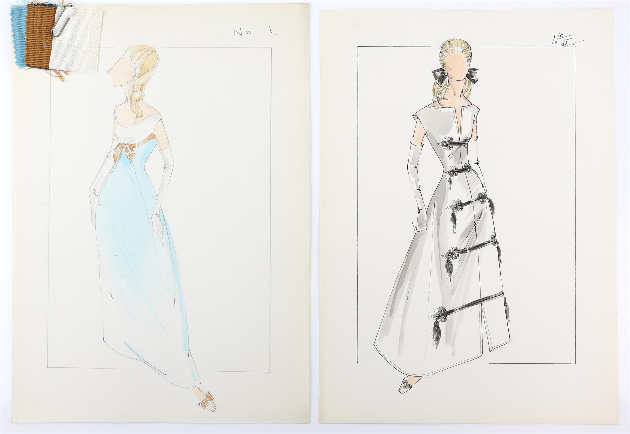 Sir Norman Hartnell (1901-1979). Two 1970s fashion illustrations watercolour, pen and pencil.