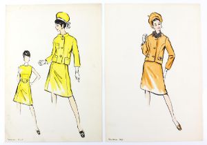 Sir Norman Hartnell (1901-1979). Two original fashion illustrations in pen, watercolour and pencil