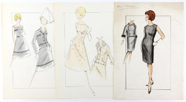 Sir Norman Hartnell (1901-1979). Three 1960s fashion illustrations watercolour, pen and pencil.