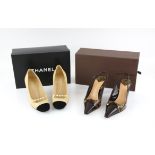 Chanel black and cream suede leather high heeled shoes with pearl detail , 35.5, dust bag and box,