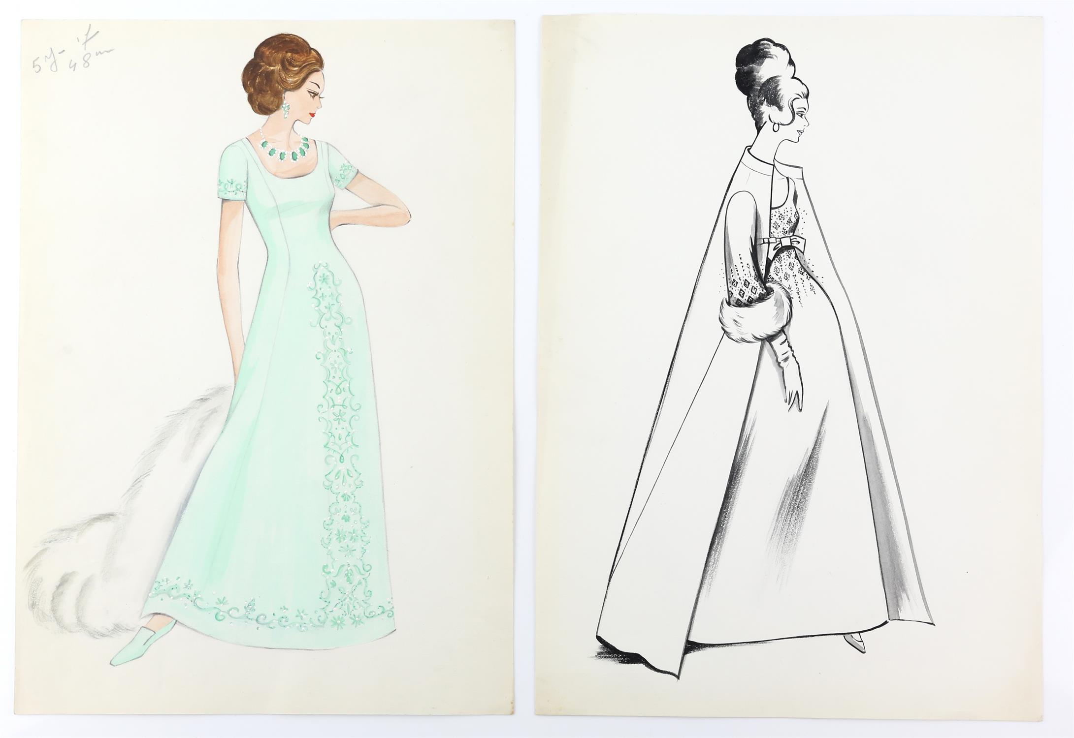Sir Norman Hartnell (1901-1979). Two original pen, watercolour and pencil fashion illustrations of