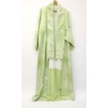 Four vintage Japanese Kimonos in a variety of silk and silk mixture fabrics including pale green,