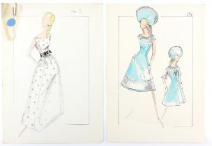 Sir Norman Hartnell (1901-1979). Two 1970s fashion illustrations watercolour, pen and pencil.