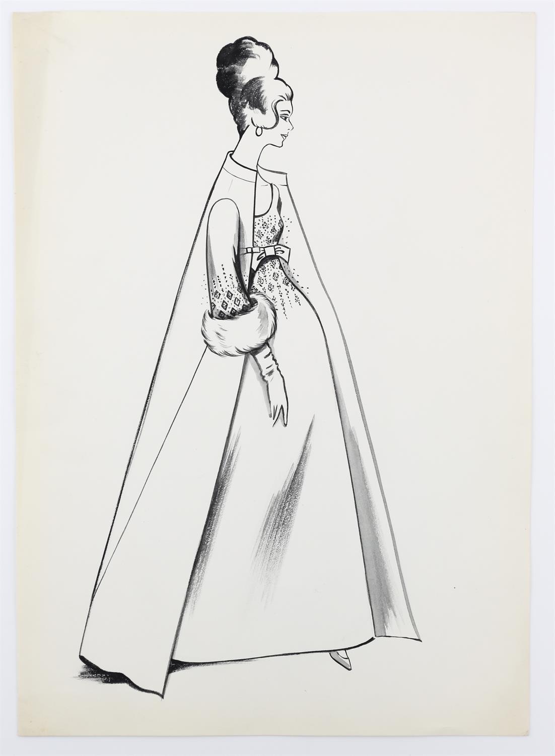 Sir Norman Hartnell (1901-1979). Two original pen, watercolour and pencil fashion illustrations of - Image 2 of 3