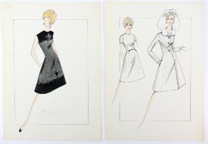 Sir Norman Hartnell (1901-1979). Two 1960s fashion illustrations watercolour, pen and pencil a day