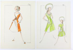Sir Norman Hartnell (1901-1979). Two 1970s original fashion illustrations watercolour,