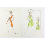 Sir Norman Hartnell (1901-1979). Two 1970s original fashion illustrations watercolour,