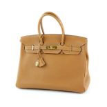 Hermes Birkin 35 in tan leather, with gold hardware, date code K for 2007, includes padlcok lock,