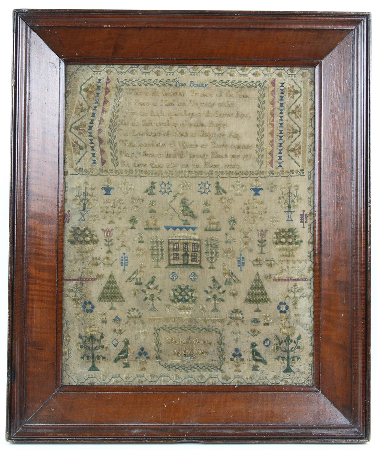 Possibly late 18th/early 19th century Sampler profusely embroidered with stylised birds trees and