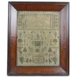 Possibly late 18th/early 19th century Sampler profusely embroidered with stylised birds trees and