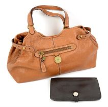 Mulberry vintage "Somerset Tote" tan leather bag with attached Mulberry fob to front serial number